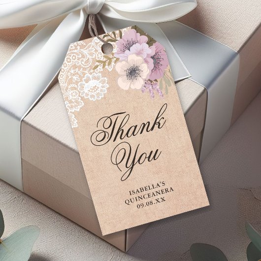 Rustieke Burlap Lace Pink Floral Dank u Cadeaulabel