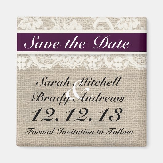 Rustieke Burlap Lace Plum Save the Date Magnet (Voorkant)