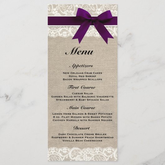 Rustieke Burlap & Lace Plum Wedding Menu (Voorkant)