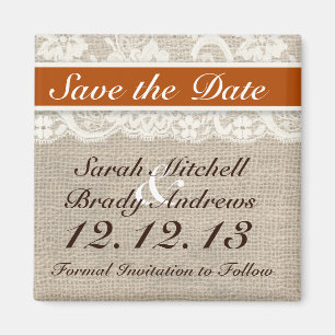 Rustieke Burlap Lace Sinaasappel Save the Date Mag Magneet