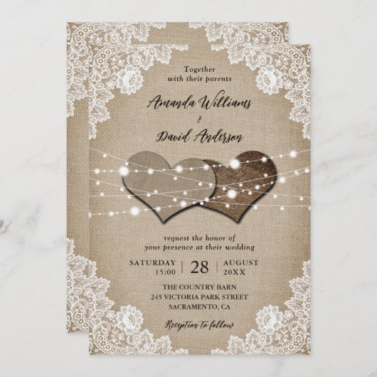 Rustieke Burlap Lace String Lights Bruiloft Kaart (Voorkant / Achterkant)