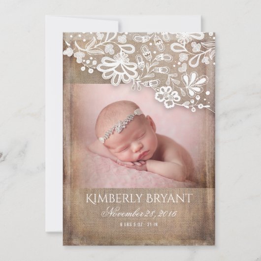 Rustieke Burlap Lace String Lights Foto Baby Geboo Aankondiging (Voorkant)