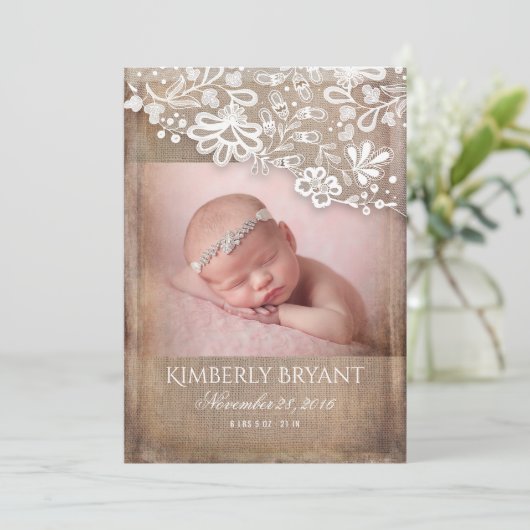 Rustieke Burlap Lace String Lights Foto Baby Geboo Aankondiging (Staand voorkant)