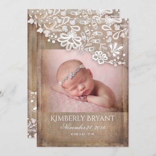 Rustieke Burlap Lace String Lights Foto Baby Geboo Aankondiging (Voorkant / Achterkant)