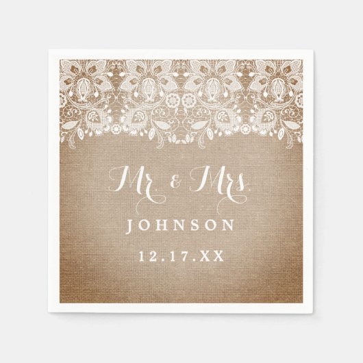 Rustieke Burlap Lace Trouwpapier Servetten (Voorkant)