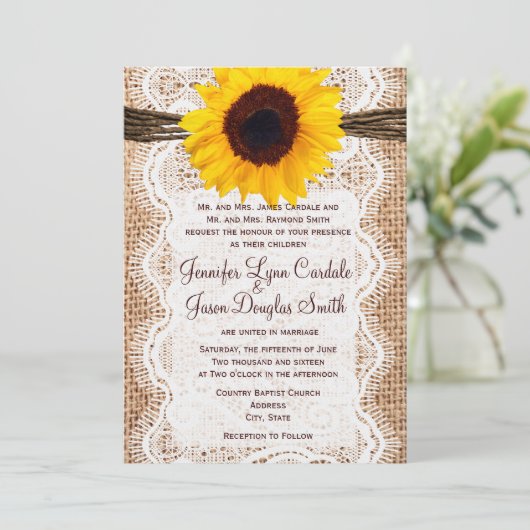 Rustieke Burlap Lace Twine Zonnebloem Bruiloft uit Kaart (Staand voorkant)