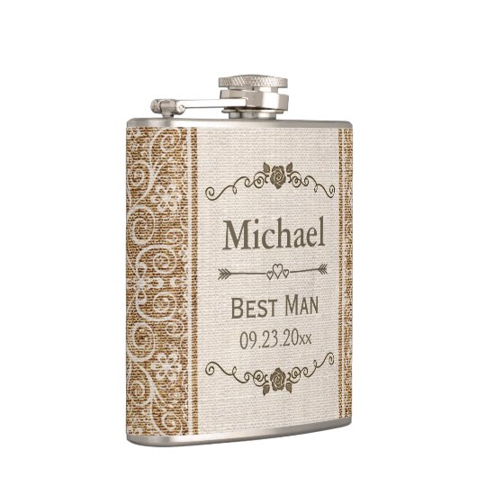 Rustieke Burlap Lace Wedding Beste Man Heupfles (Rechts)