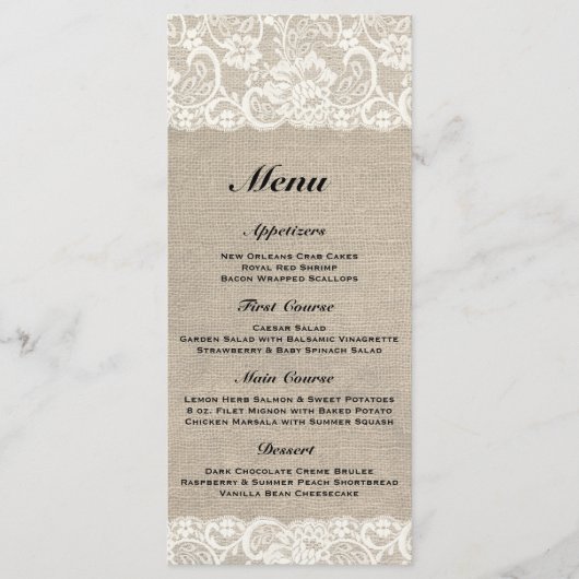 Rustieke Burlap & Lace Wedding Menu (Voorkant)