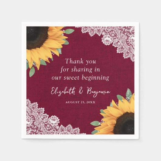 Rustieke Burlap Lace Zonnebloem en Bourgondische b Servet (Voorkant)