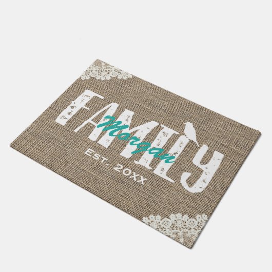 Rustieke Burlap Laced familienaam Monogram Deurmat (Schuin)