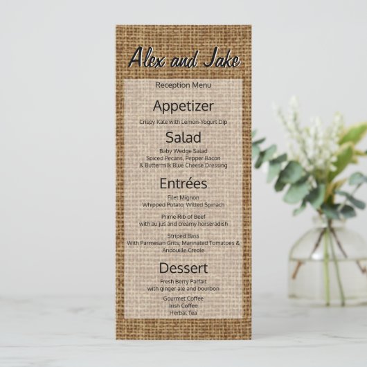 Rustieke Burlap Land Bruiloft Menu Script (Staand voorkant)