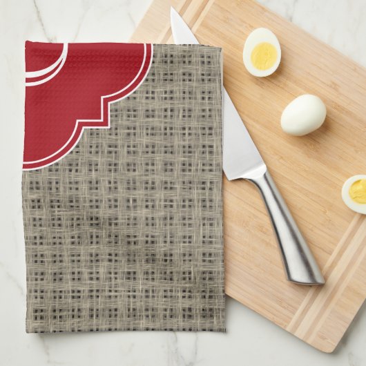 Rustieke Burlap Look Cranberry Quatrefoil Monogram Theedoek (Quarter Fold)