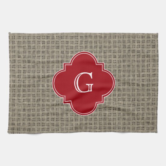 Rustieke Burlap Look Cranberry Quatrefoil Monogram Theedoek (Horizontaal)