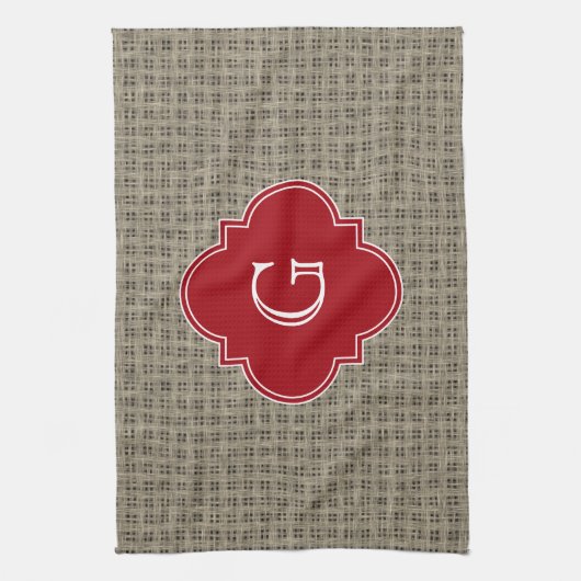 Rustieke Burlap Look Cranberry Quatrefoil Monogram Theedoek (Verticaal)