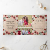 Rustieke Burlap Marsala Bloemen Foto Collage Bruil Drieluik Uitnodiging (Binnen)