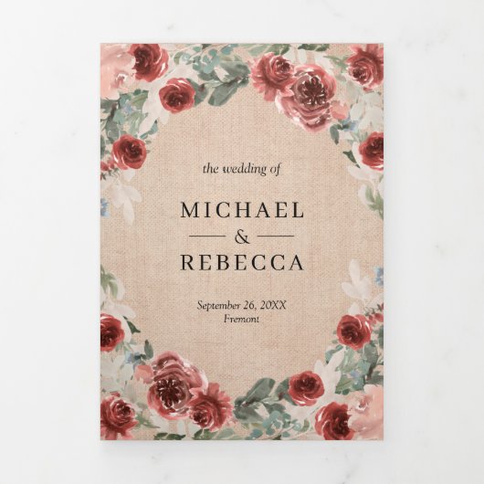 Rustieke Burlap Marsala Bloemen Foto Collage Bruil Drieluik Uitnodiging (Cover)