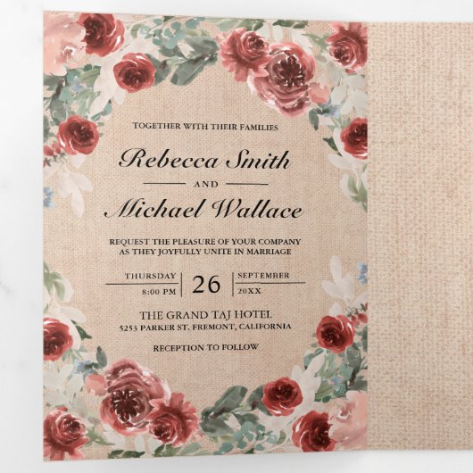 Rustieke Burlap Marsala Bloemen Foto Collage Bruil Drieluik Uitnodiging (Binnenzijde eerst)