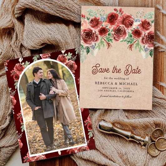 Rustieke Burlap Marsala Floral Fotobruiloft Save The Date