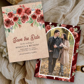 Rustieke Burlap Marsala Floral Fotobruiloft Save The Date