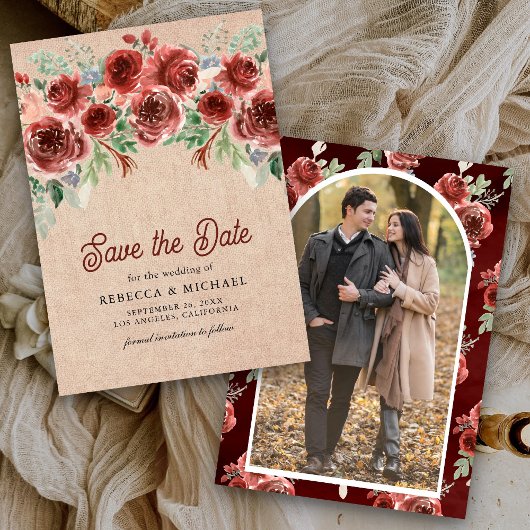 Rustieke Burlap Marsala Floral Fotobruiloft Save The Date