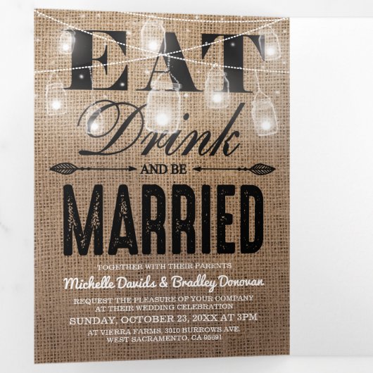 Rustieke Burlap Mason Jar Alles in een bruiloft Drieluik Uitnodiging (Binnenzijde eerst)