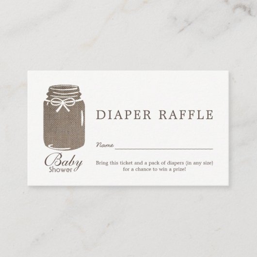 Rustieke Burlap Mason Jar Baby Luier Raffle Ticket Informatiekaartje (Voorkant)