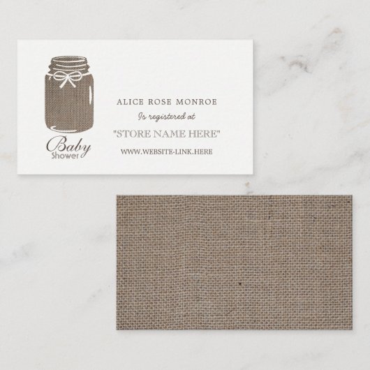 Rustieke Burlap Mason Jar Baby shower Gift Registr Informatiekaartje (Voorkant / Achterkant)