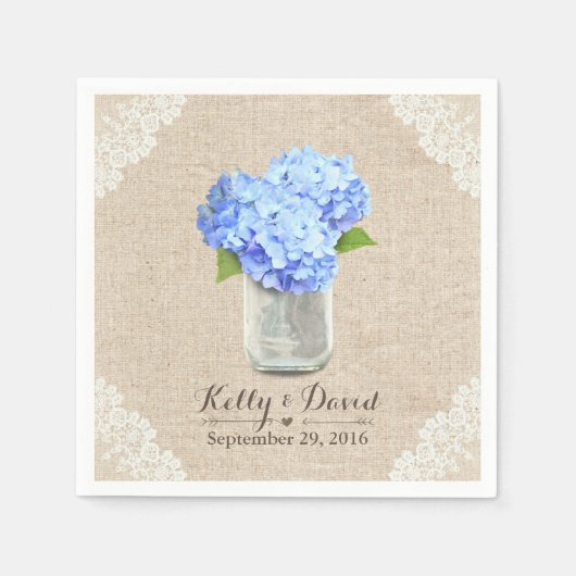Rustieke Burlap Mason Jar Blue Hydrangea bruiloft Servetten (Voorkant)