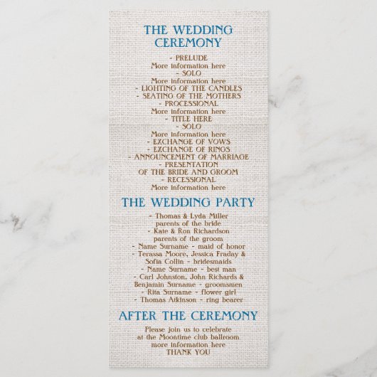 Rustieke burlap mason jar bruiloft programma's (Achterkant)