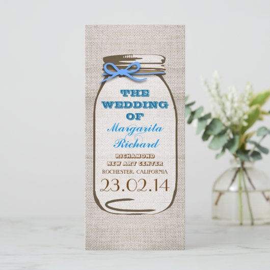 Rustieke burlap mason jar bruiloft programma's (Staand voorkant)