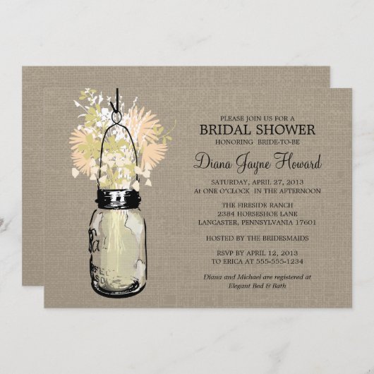 Rustieke Burlap Mason Jar en Wildflowers Kaart (Voorkant / Achterkant)