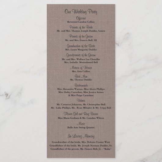 Rustieke Burlap Mason Jar en Wildflowers Programma Programmakaart (Achterkant)