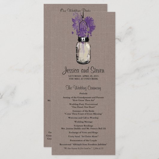 Rustieke Burlap Mason Jar en Wildflowers Programma Programmakaart (Voorkant / Achterkant)