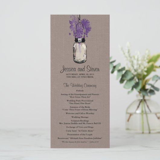 Rustieke Burlap Mason Jar en Wildflowers Programma Programmakaart (Staand voorkant)