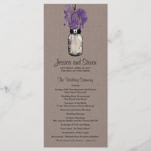 Rustieke Burlap Mason Jar en Wildflowers Programma Programmakaart (Voorkant)