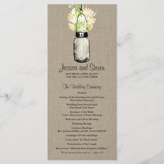 Rustieke Burlap Mason Jar en Wildflowers Programma Programmakaart (Voorkant)