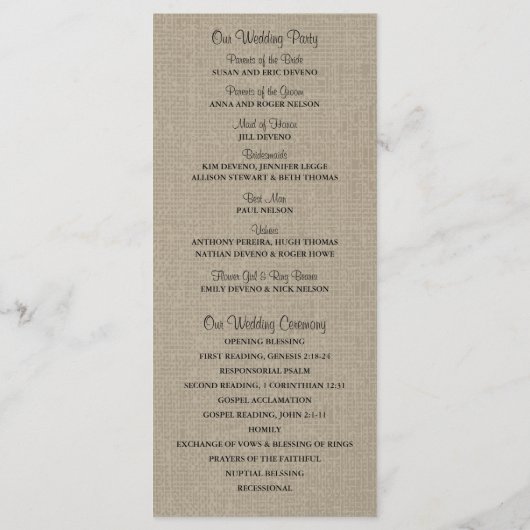 Rustieke Burlap Mason Jar en Wildflowers Programma Programmakaart (Achterkant)