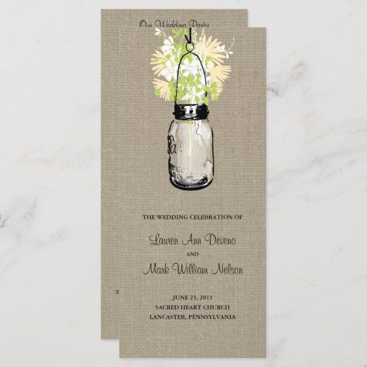 Rustieke Burlap Mason Jar en Wildflowers Programma Programmakaart (Voorkant / Achterkant)