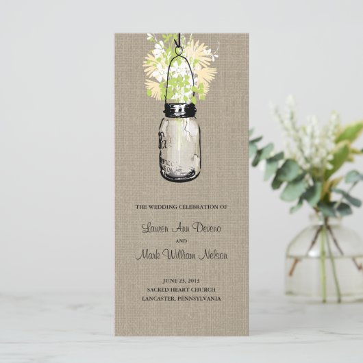 Rustieke Burlap Mason Jar en Wildflowers Programma Programmakaart (Staand voorkant)