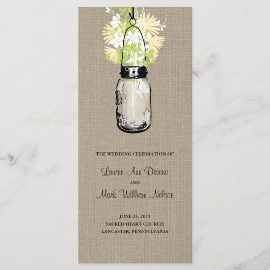 Rustieke Burlap Mason Jar en Wildflowers Programma Programmakaart (Voorkant)