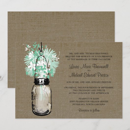 Rustieke Burlap Mason Jar en Wildflowers Wedding Kaart (Voorkant / Achterkant)