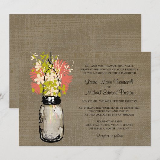 Rustieke Burlap Mason Jar en Wildflowers Wedding Kaart (Voorkant / Achterkant)