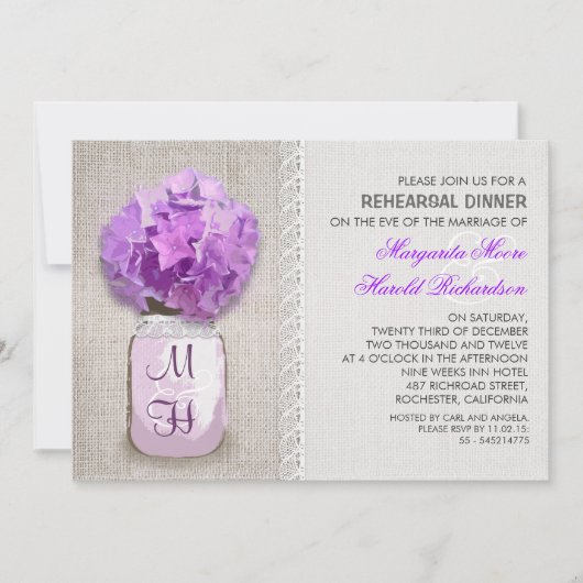 Rustieke Burlap Mason Jar Paarse repetitie diner Kaart (Voorkant)