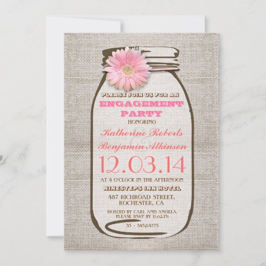Rustieke Burlap Mason Jar Pink Engagement Party Kaart (Voorkant)