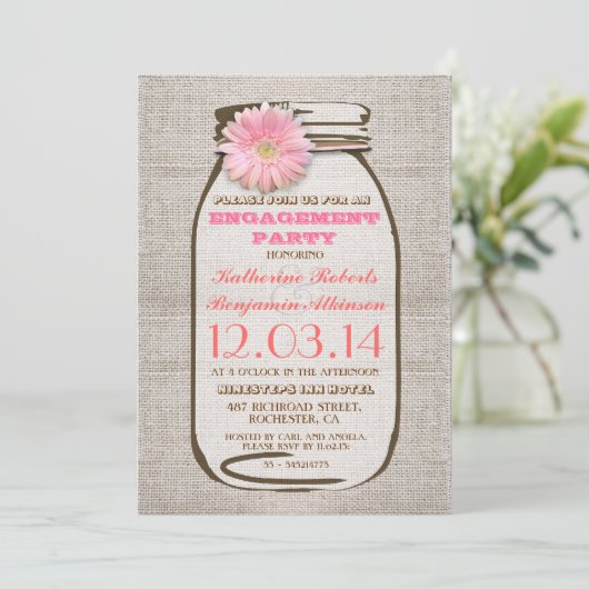 Rustieke Burlap Mason Jar Pink Engagement Party Kaart (Staand voorkant)