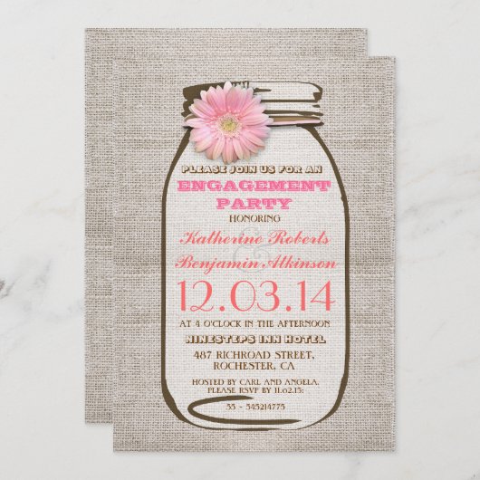 Rustieke Burlap Mason Jar Pink Engagement Party Kaart (Voorkant / Achterkant)
