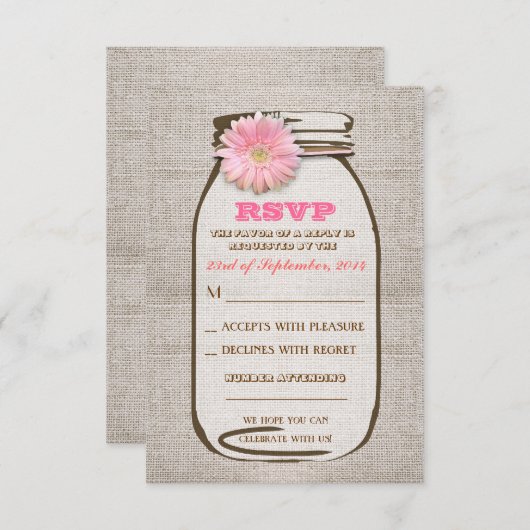 Rustieke Burlap Mason Jar Pink Gerbera bruiloft RS RSVP Kaartje (Voorkant / Achterkant)