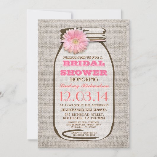 Rustieke Burlap Mason Jar Pink Gerbera Vrijgezelle Kaart (Voorkant)