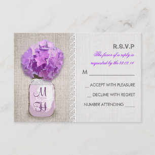 Rustieke Burlap Mason Jar Pink Hydrangea RSVP Kaartje