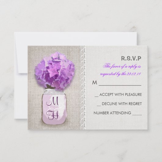 Rustieke Burlap Mason Jar Pink Hydrangea RSVP Kaartje (Voorkant)